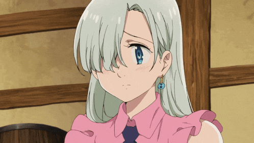 a girl with white hair and blue eyes wearing a pink shirt