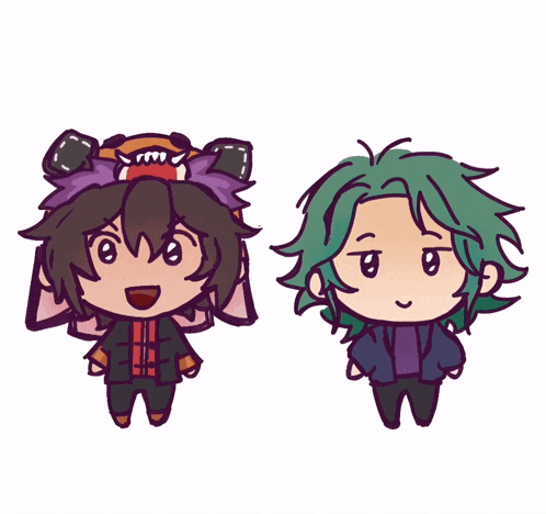 a cartoon of a boy with green hair and a cartoon of a boy with brown hair