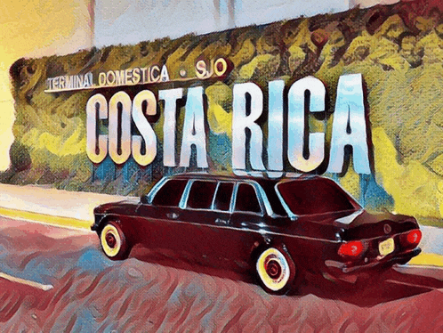 a painting of a car in front of a sign that says costa rica