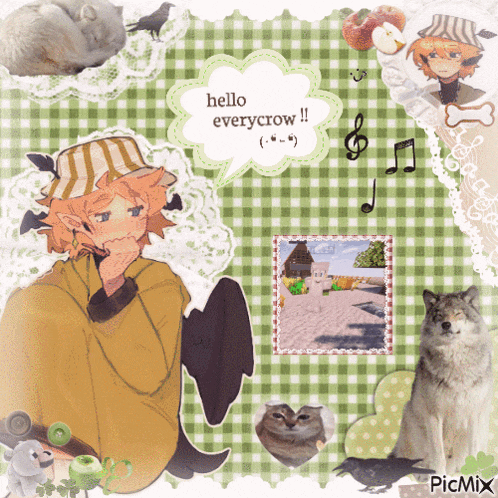 a picture of a boy with a speech bubble saying hello everycrow