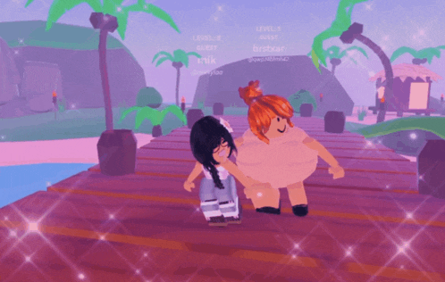 a girl in a pink dress is standing next to another girl on a dock