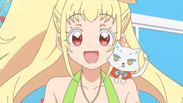 a girl with blonde hair is holding a white cat on her shoulder .