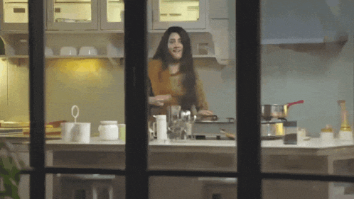 a woman is cooking in a kitchen with a glass door