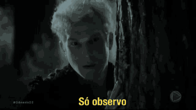 a man peeking out from behind a tree with the caption so observo above him