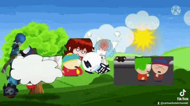 a group of cartoon characters standing next to each other in a field .