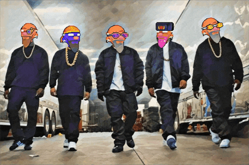 a group of men are walking in a line with one wearing a virtual reality headset on
