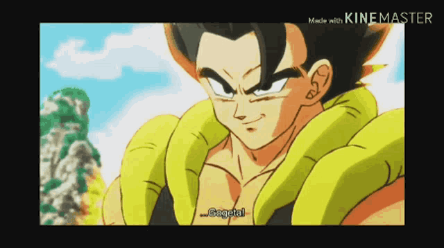 a cartoon character says gogeta in a video made by kinemaster