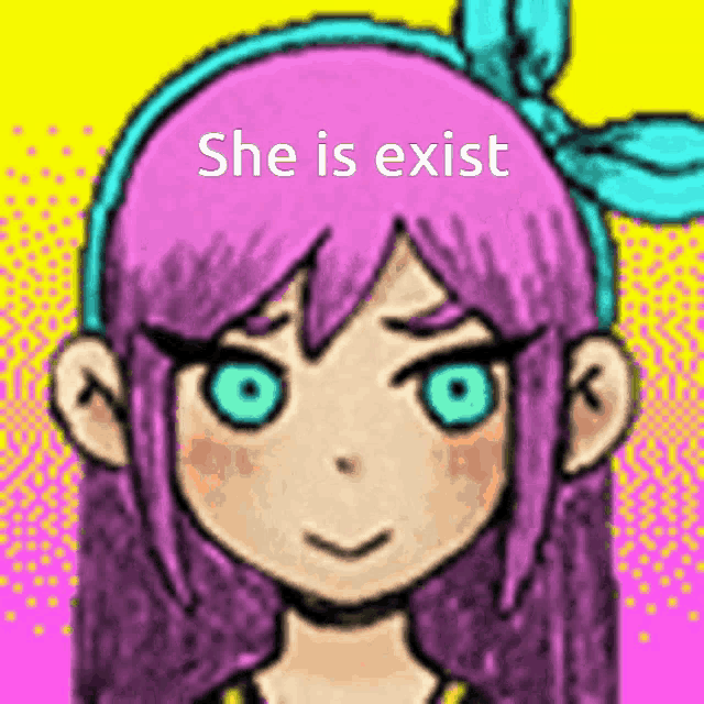 a drawing of a girl with purple hair and blue eyes says she is exist .