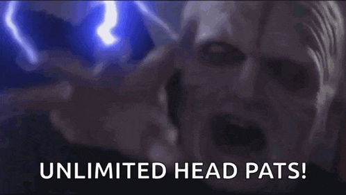 a man is holding a lightning bolt in front of his face and says `` unlimited head pats ! ''