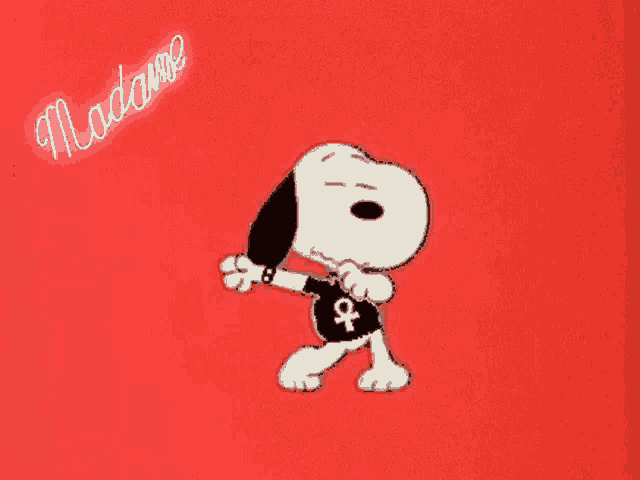 snoopy is dancing in front of a red background with the name madame written on it