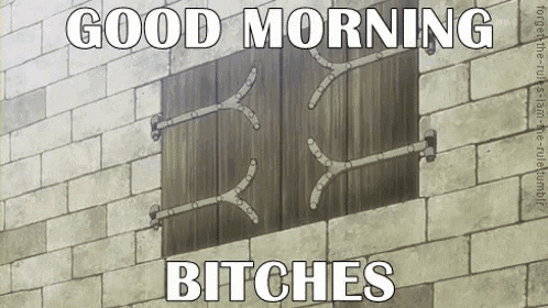 a brick wall with a wooden door and the words good morning bitches on it