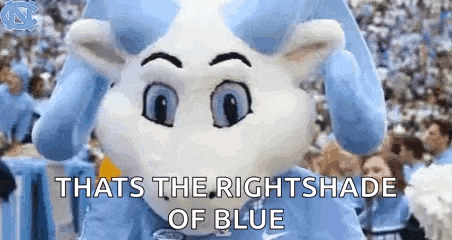 a mascot is standing in front of a crowd and says `` that 's the rightshade of blue '' .
