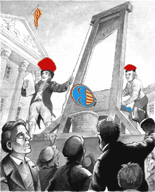 a man in a red hat stands in front of a guillotine with a smiley face on it