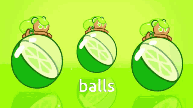 three green balls with the word balls written on them