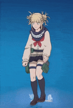 a girl in a school uniform is dancing with a blue background