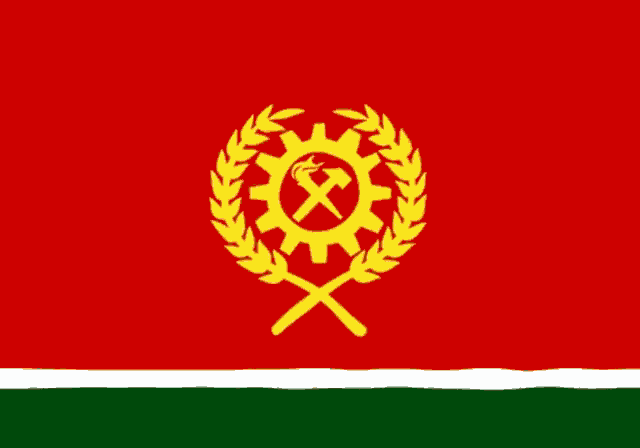 a red flag with a hammer and sickle in a laurel wreath