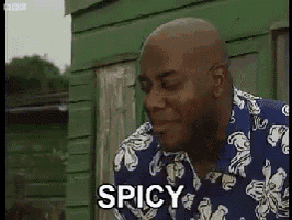 a bald man wearing a blue and white shirt is standing in front of a green building and saying spicy .