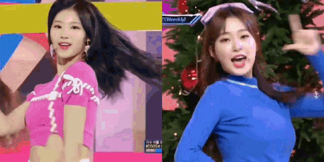 a woman in a pink shirt and a woman in a blue sweater are standing next to each other