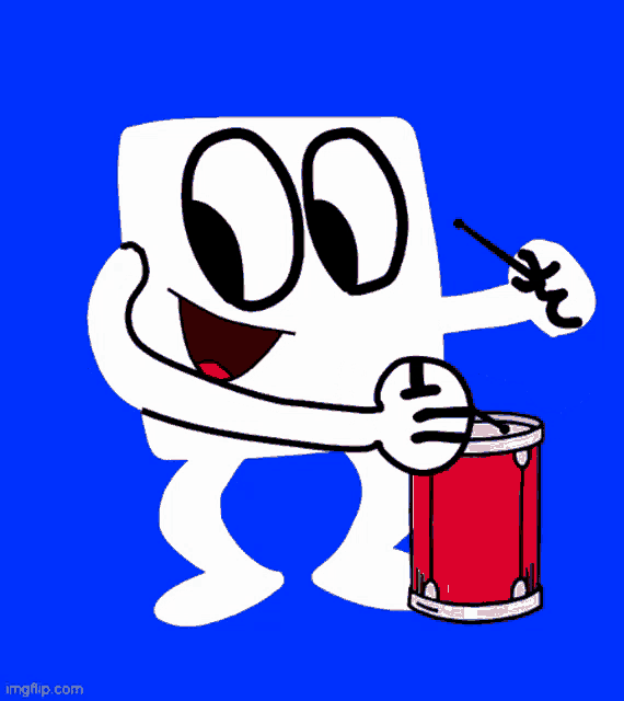 a cartoon character is holding a drum stick and a drum on a blue background