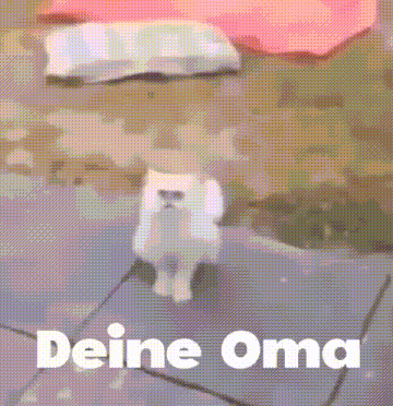 a white cat is walking on a leash with the words deine oma written on the bottom .