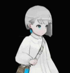 a girl with white hair and blue eyes is wearing a white shirt and a brown bag