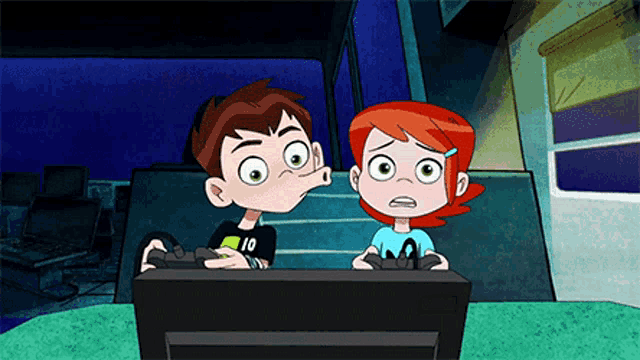 a boy and a girl are playing a video game and the boy has the number ten on his shirt