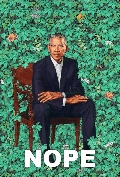 a painting of barack obama sitting in a chair surrounded by flowers and leaves with the word nope below him