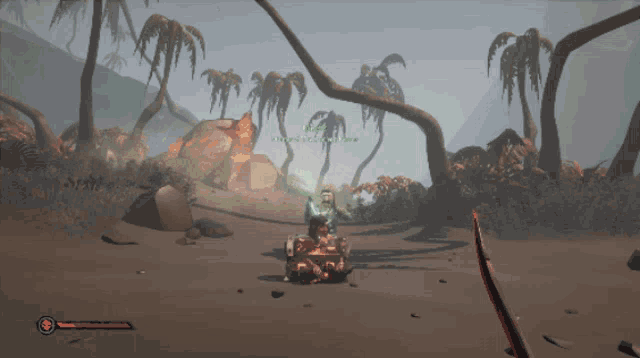 a screenshot of a video game shows a statue in the middle of a desert