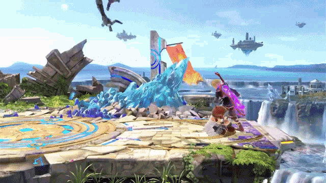 a video game scene with a waterfall and a flag that says nintendo