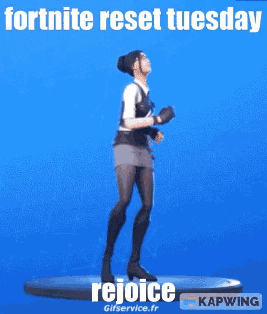 a picture of a woman dancing with the words fortnite reset tuesday rejoice