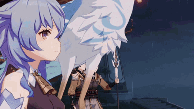 a girl with blue hair is standing next to a person holding a flag