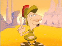 a cartoon character giving a thumbs up with a dolphin in the background
