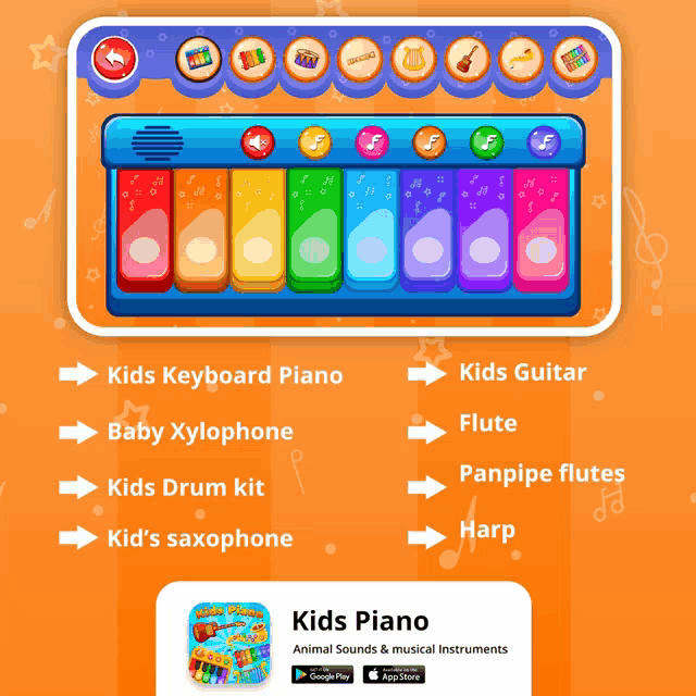 an app called kids piano shows a keyboard piano and a drum kit