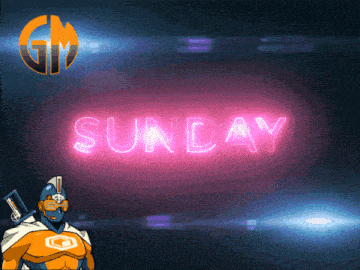 a neon sign that says sunday with a cartoon character in the background