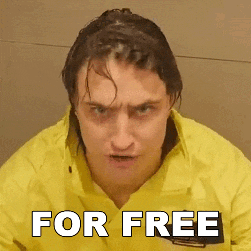a man in a yellow jacket is making a funny face with the words for free below him