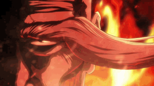 a close up of a man 's face with a fire behind him