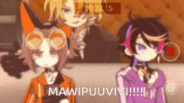 two anime characters are standing next to each other with the words mawipuuvi written on the bottom right