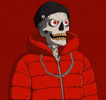 a cartoon of a skeleton wearing a red jacket with barbed wire around his neck
