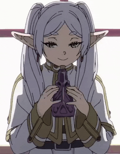 a drawing of a girl with pigtails holding a purple bottle