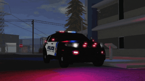 a police car is parked in front of a building at night