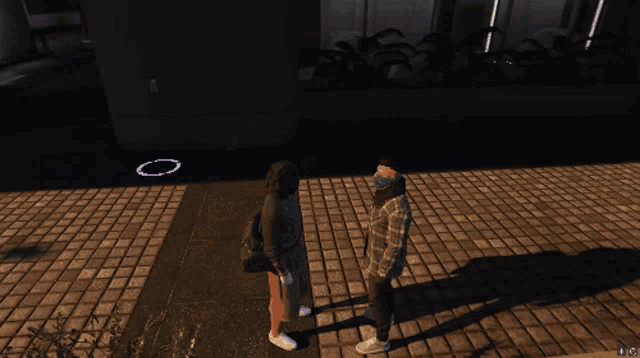 a screenshot of a video game shows a man and a woman standing on a sidewalk