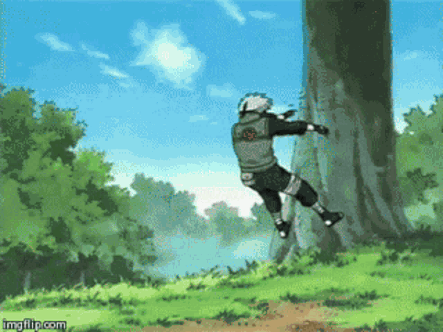 a man is jumping in the air next to a tree with imgflip.com at the bottom