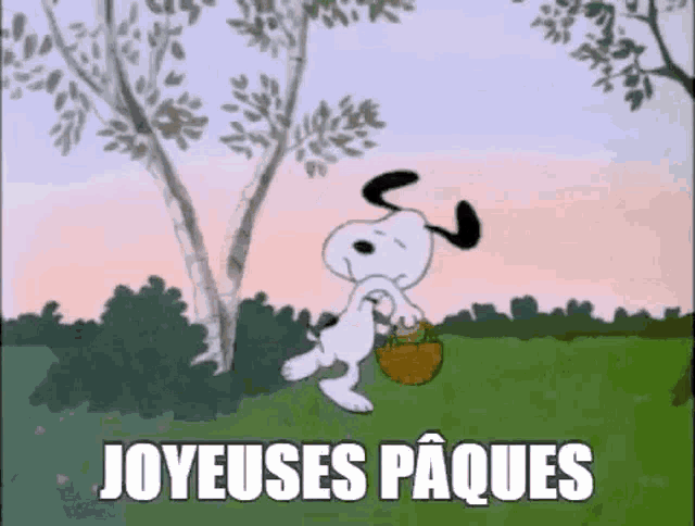 a cartoon of snoopy carrying a basket in a field with the words joyeuses paques .