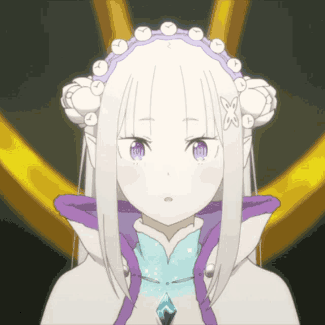 a girl with white hair and purple eyes is wearing a headband with white clocks on it