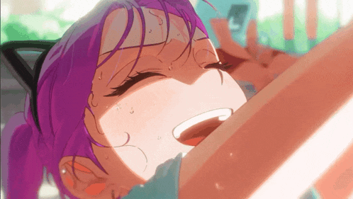 a girl with purple hair and a cat ear headband sweating