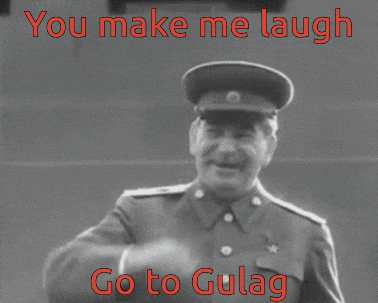 a black and white photo of a man in a military uniform with the caption you make me laugh go to gulag