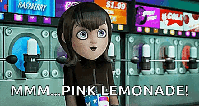a cartoon character is holding a cup of pink lemonade
