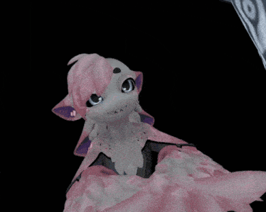 a cartoon character with pink hair and purple ears looks at the camera