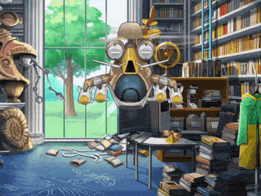 a cartoon drawing of a robot in a library with a stack of books