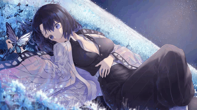 a girl is laying down with a butterfly on her hand
